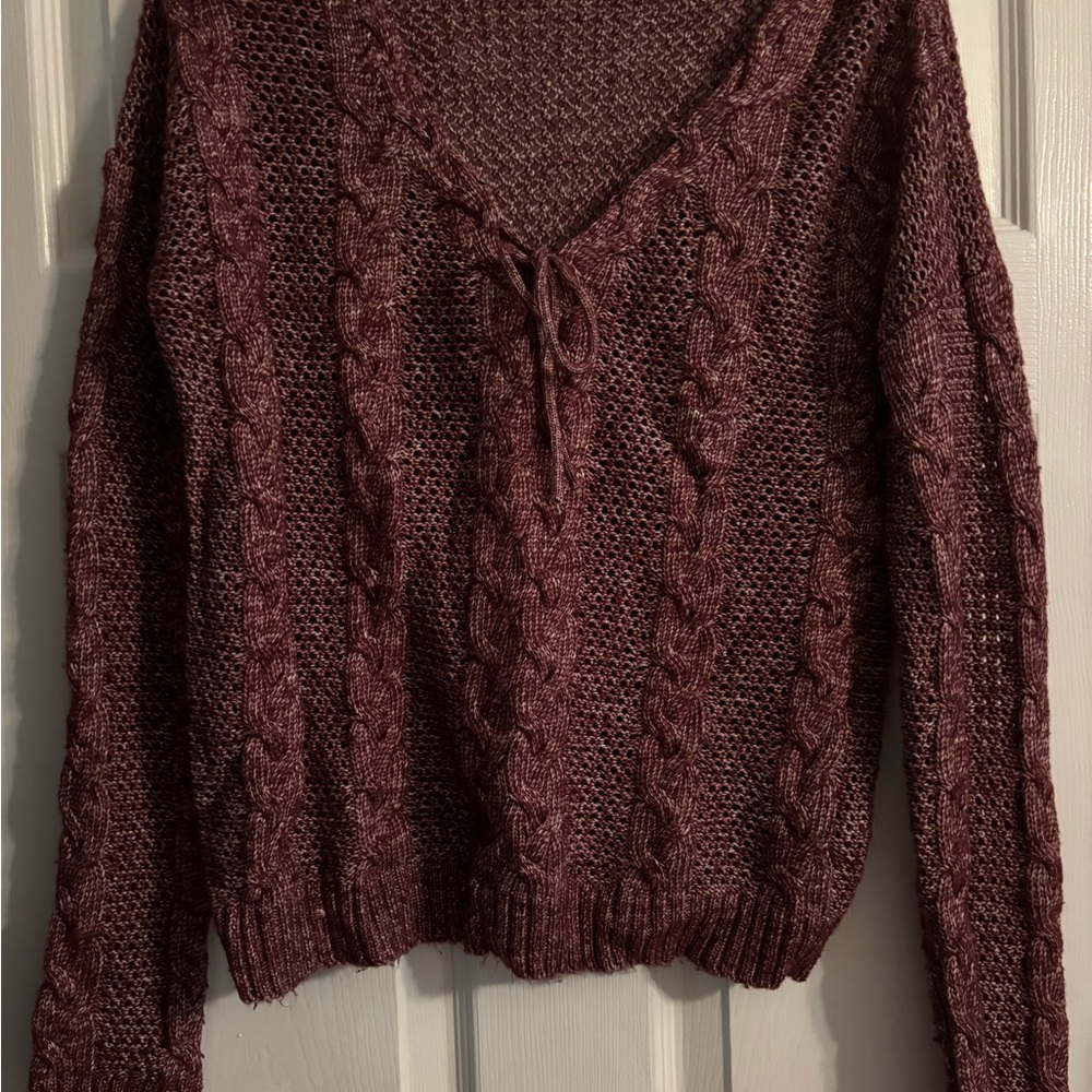 Aeropostale V-Neck Cable Knit Sweater - Burgundy